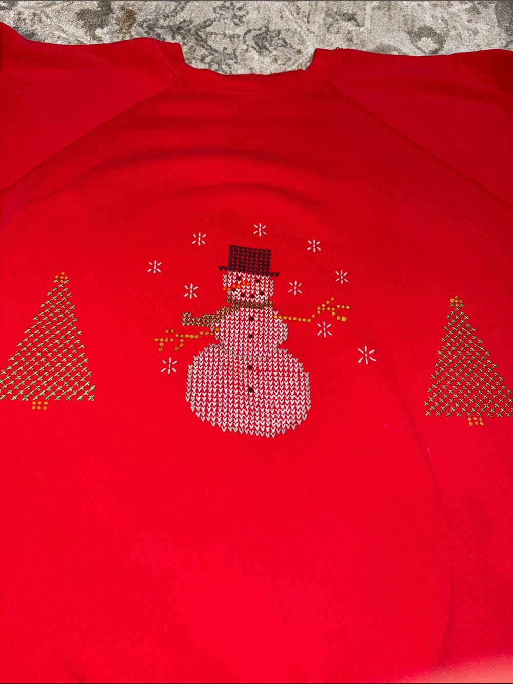 Vintage Red Holiday Sweatshirt with Snowman Motif “cross-stitch” plastic design
